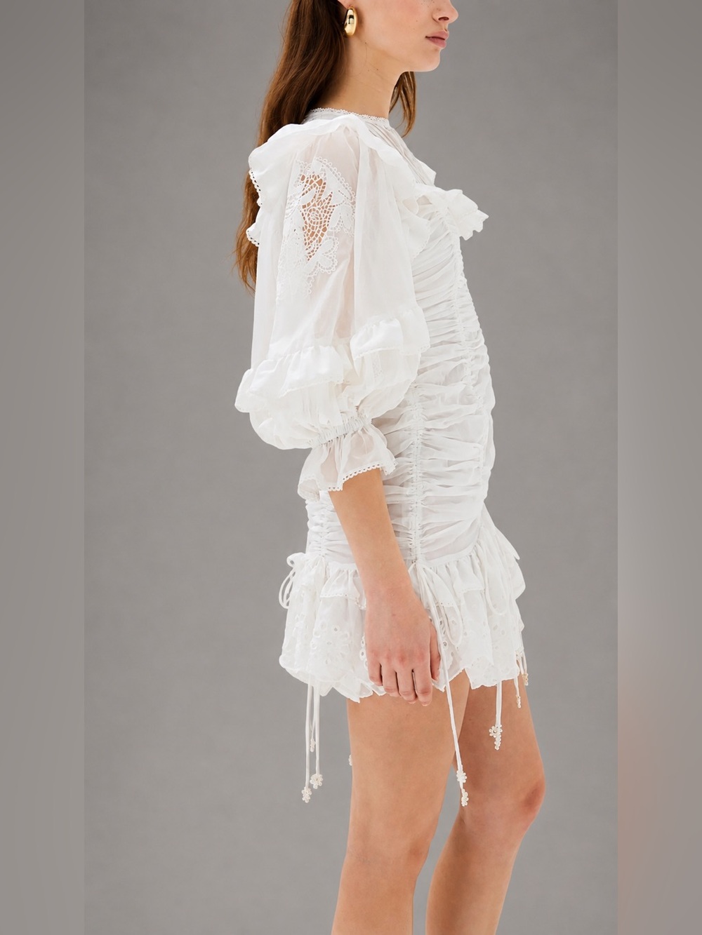 Farm Rio 100% Cotton White Laced Short Sleeve Mini Dress Ruched S Ruffle Eyelet - Picture 4 of 13